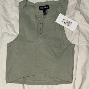 Essentials Sage Ribbed Snap-Front Crop Tank